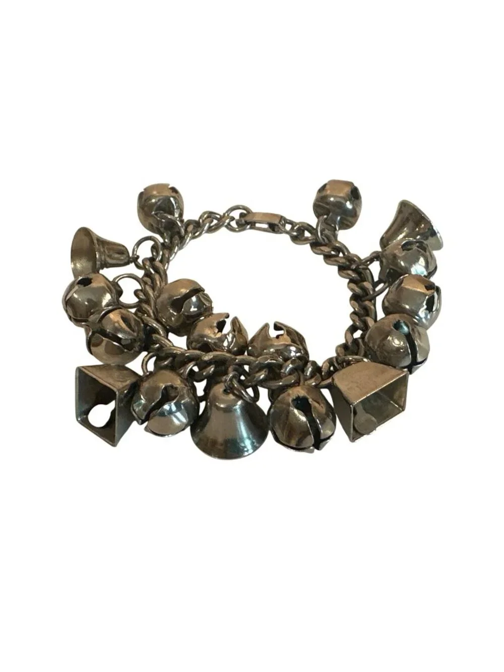 VTG Silver Tone Charm Bracelet  Jingle Bells & Geometric Shapes 7 Inches Chunky